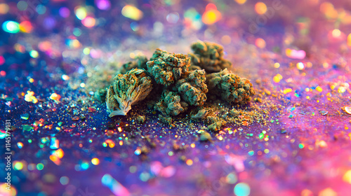 A radiant pile of crushed weed and dense buds resting on a vivid glowing multicolor background. photo