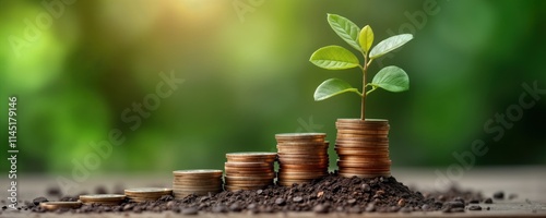 Stacks of coins form steps in soil. Small plant grows from topmost stack. Image represents retirement fund growth, stability. Investment concept with financial resources, assets. Money grows like