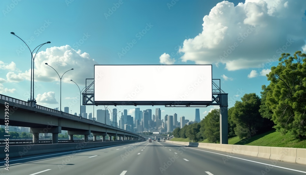 Obraz premium Urban highway stretches ahead with large blank billboard overhead. Elevated highway structure, city skyline appear in background. Sunny day with blue sky, scattered clouds. Modern infrastructure