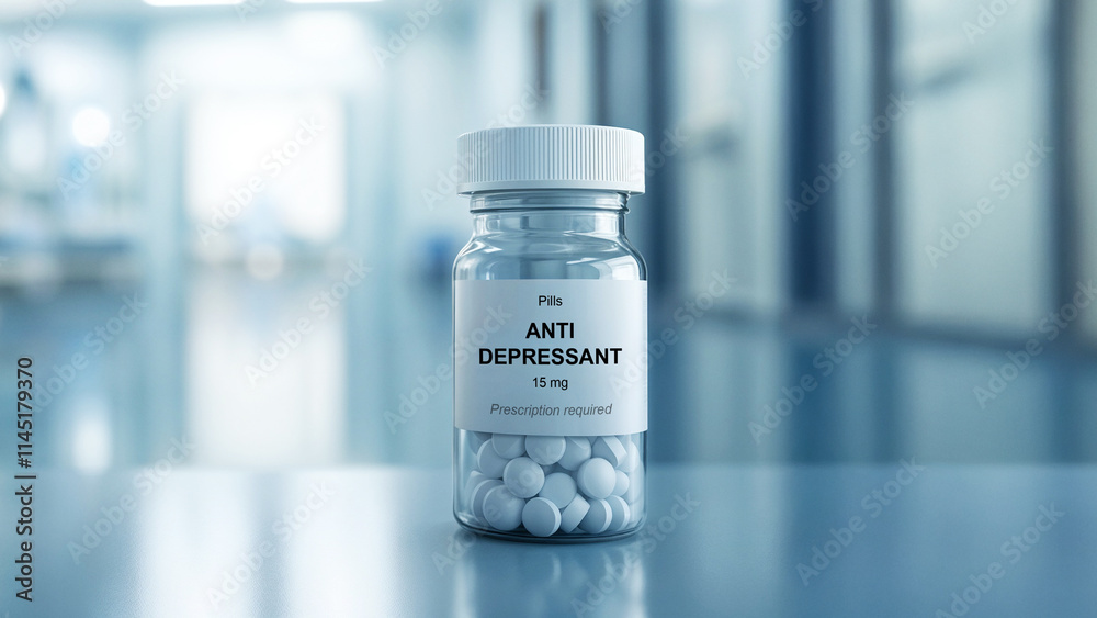 Antidepressant pills in a transparent container labeled with 15 mg dosage placed on a reflective surface in a medical environment, pharmaceutical medication for mental health and mood stabilization Antidepressant pills in a transparent container labeled with 15 mg dosage placed on a reflective surface in a medical environment, pharmaceutical medication for mental health and mood stabilization