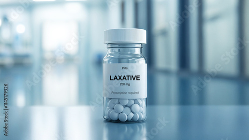 Laxative pills in a transparent container labeled with 250 mg dosage placed on a reflective surface in a medical environment, pharmaceutical medication for constipation relief and digestive health