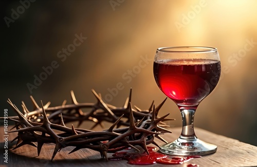 Religious image of crown of thorns, chalice of red wine. Sacred symbols represent Christ sacrifice, blood. Visual concept for Easter, Christian themes like communion Eucharist. Image ideal for photo