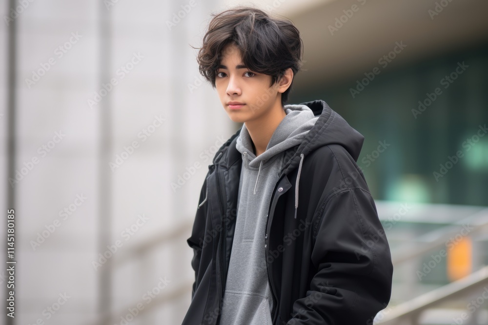 A young man wearing a black jacket and a gray hoodie stands on a sidewalk A young man wearing a black jacket and a gray hoodie stands on a sidewalk