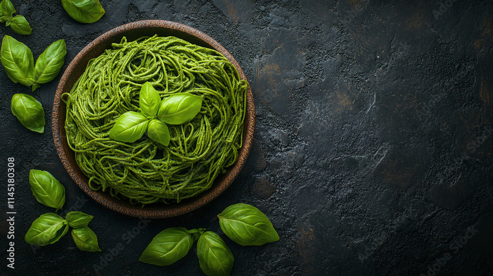 Obraz premium Delicious italian green sauce with oregano, healthy cuisine spice for copy space top view, fresh tomato basil dish above rustic background, tasty dinner recipe ingredient menu.