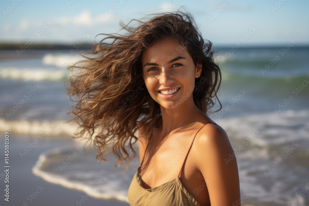 A woman with long hair is smiling at the camera on a beach A woman with long hair is smiling at the camera on a beach