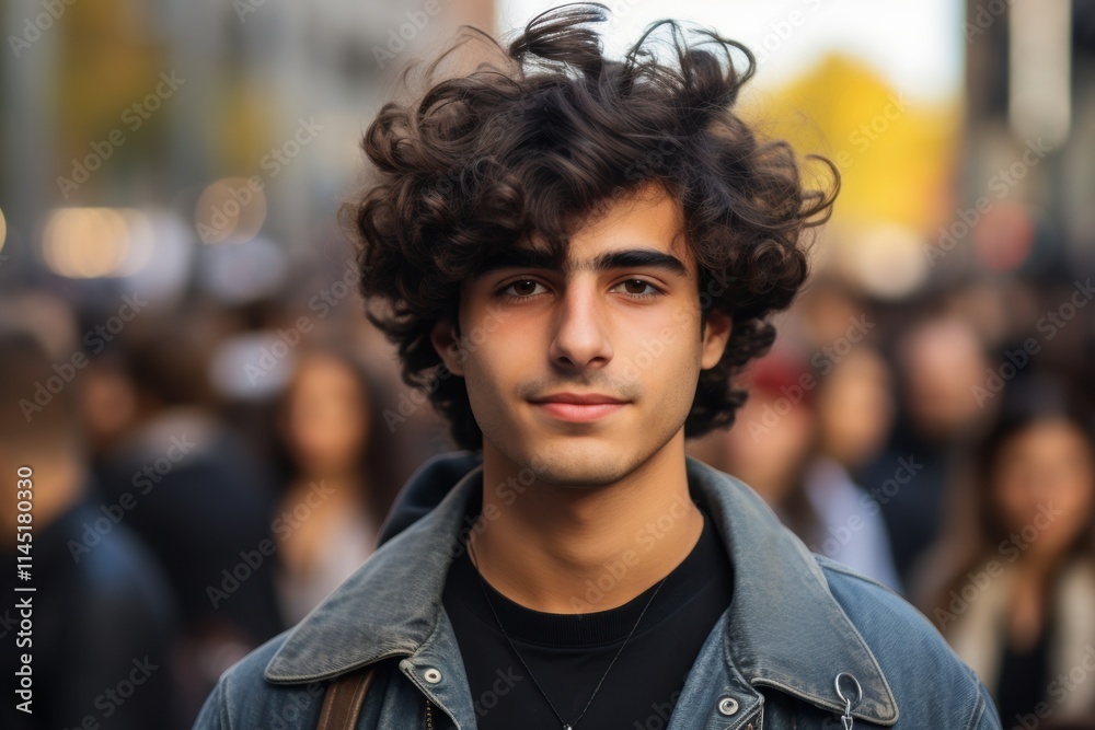 A young man with curly hair stands in a crowd of people A young man with curly hair stands in a crowd of people