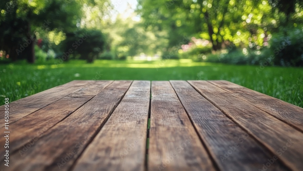 Wooden platform in a sunny garden surrounded by greenery Wooden platform in a sunny garden surrounded by greenery