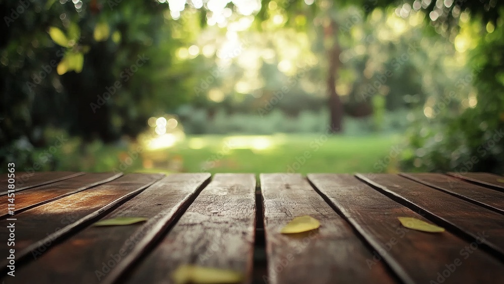 Wooden table in serene garden during golden hour Wooden table in serene garden during golden hour