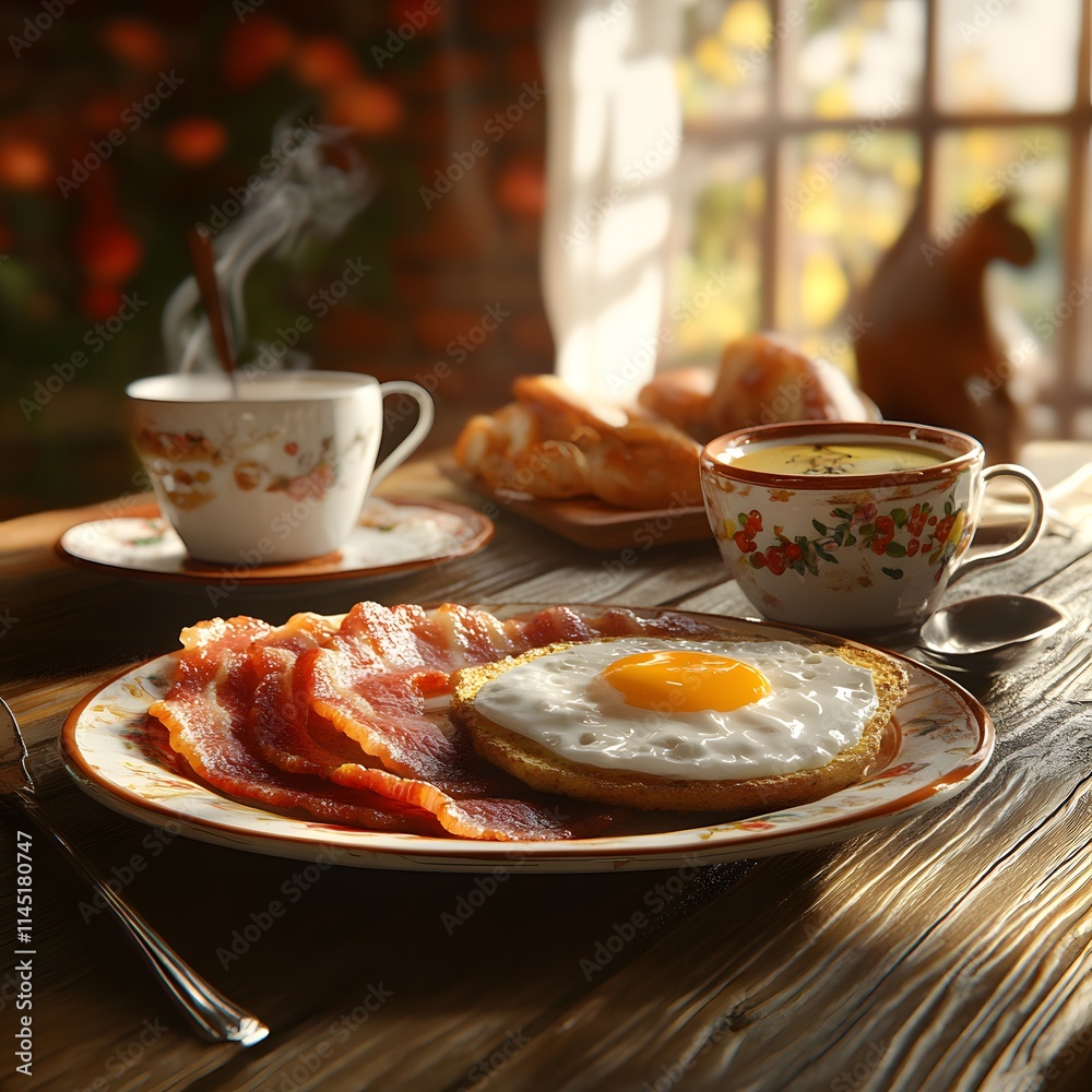 Rustic autumn breakfast scene with fried egg, bacon, and tea. Rustic autumn breakfast scene with fried egg, bacon, and tea.