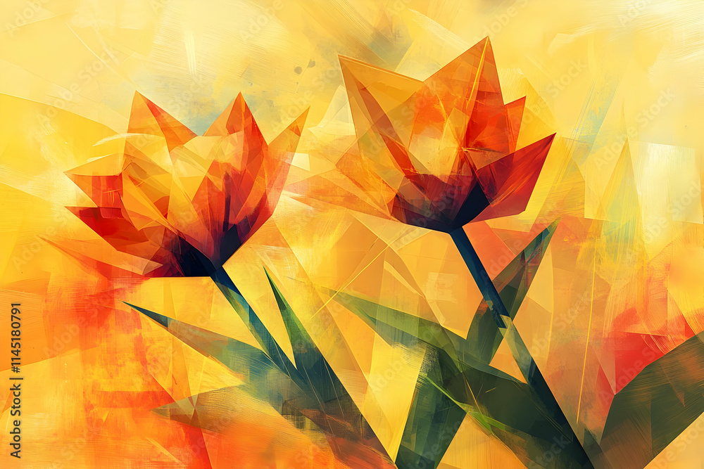 Fototapeta premium Two vibrant flowers shine against a warm yellow backdrop, showcasing nature\'s beauty