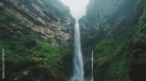 Majestic waterfall cascade through canyon, rock cave adventure exploration, mountain stream mist over mossy cliffs, serene nature landscape with vertical drop.