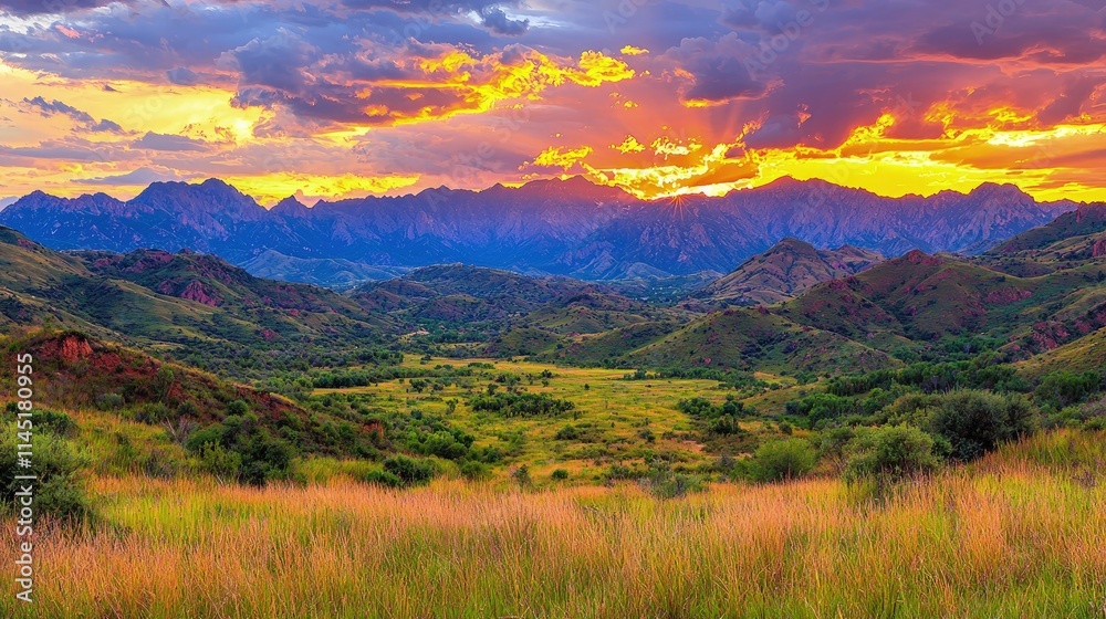 Vibrant sunset over vast mountain range and valley. Vibrant sunset over vast mountain range and valley.