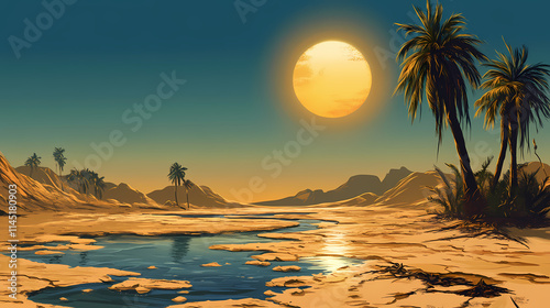 A parched desert landscape meets a flooded oasis under a blazing sun. Oasis. Illustration