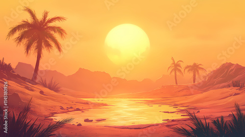 A parched desert landscape meets a flooded oasis under a blazing sun. Oasis. Illustration