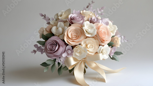 A romantic pastel paper flower bouquet featuring soft pink roses cream peonies and pale lavender blooms tied with a satin ribbon. photo