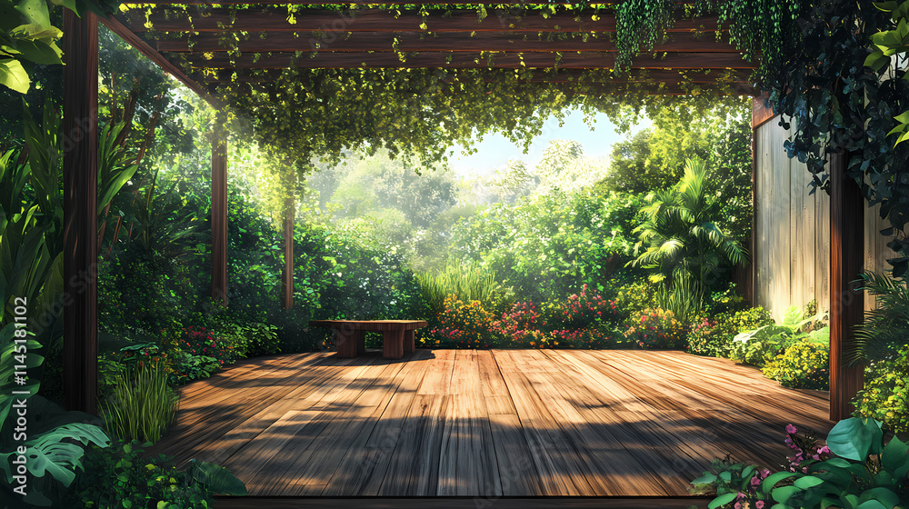 A serene backyard oasis features a wooden deck surrounded by lush greenery, with a natural awning providing dappled shade on a warm summer day. Oasis. Illustration A serene backyard oasis features a wooden deck surrounded by lush greenery, with a natural awning providing dappled shade on a warm summer day. Oasis. Illustration
