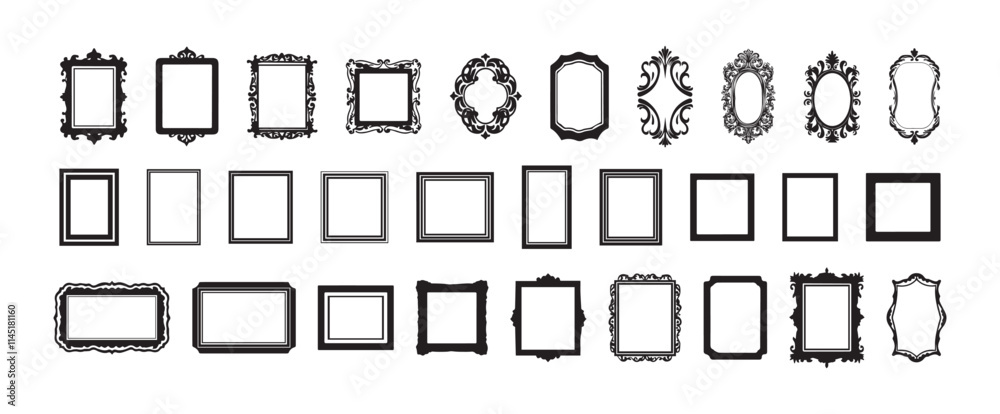 Black and white set of vintage picture frames. Collection of ornate, antique, decorative, and classical frame designs. Art, decoration, and interior design elements. Copy space