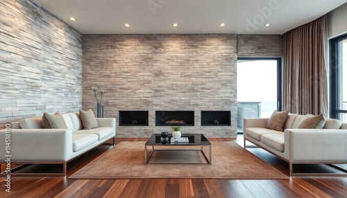 Luxury Penthouse Style Stone Wall Living Room with chrome skirting boards creating sleek sophistication