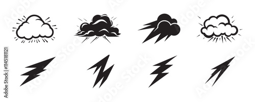 Set of black cloud and lightning icons in different variations, isolated on a white background. Concept of weather, storm, lightning, minimalistic graphic design, weather icons