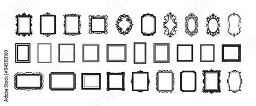 Black and white set of vintage picture frames. Collection of ornate, antique, decorative, and classical frame designs. Art, decoration, and interior design elements. Copy space