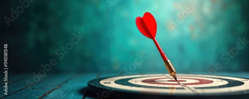 Red dart arrow hits center of bullseye target. Business concept of accurate aiming, goal achievement. Close-up view of traditional dartboard on wooden surface. Winning strategy, success in business.