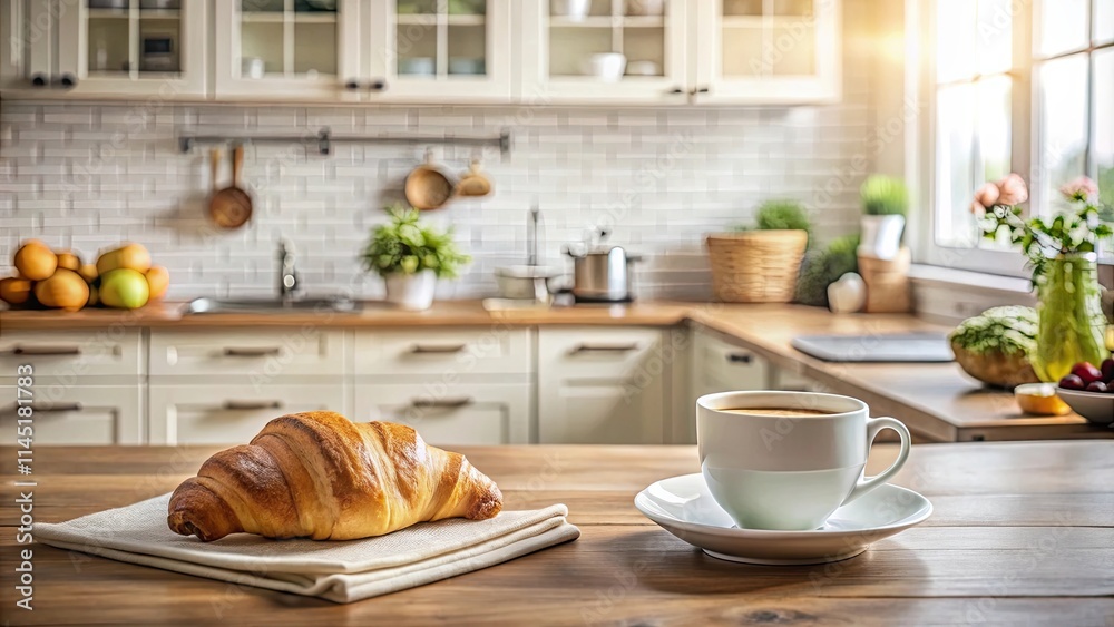 Breakfast in a cozy kitchen with coffee and fresh croissant, cozy kitchen Breakfast in a cozy kitchen with coffee and fresh croissant, cozy kitchen