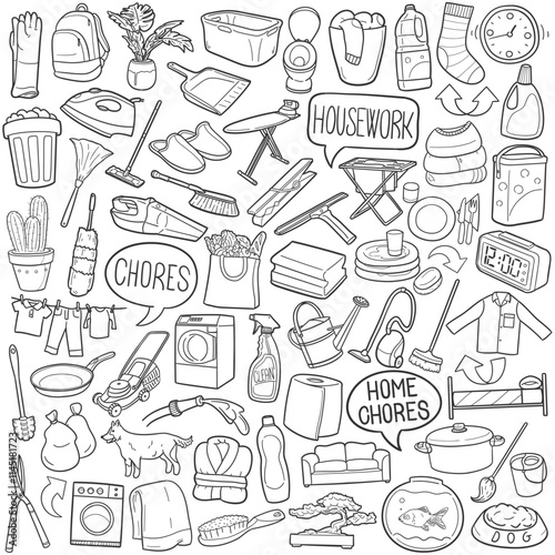 Bundle Chores Home Work Traditional Doodle Icons Sketch Hand Made Design Vector.