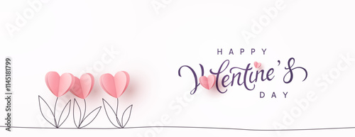 Valentine's Day postcard with paper tulips flowers and calligraphy text on white background. Vector pink symbols of love in shape of heart for greeting card, cover, label design
