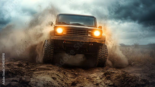 A tough off-road truck front view with bright halogen headlights glowing kicking up dust on a rugged terrain trail.