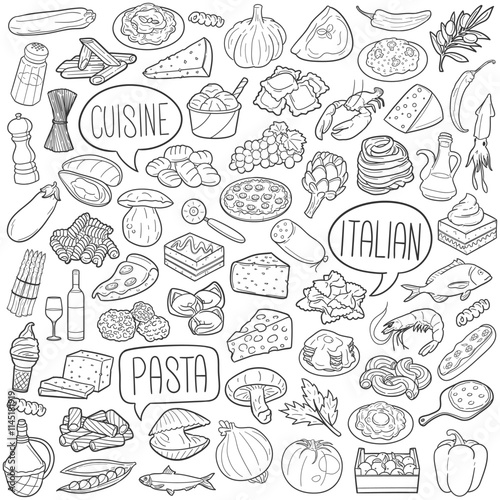 Bundle Italian Food Restaurant Traditional Doodle Icons Sketch Hand Made Design Vector.