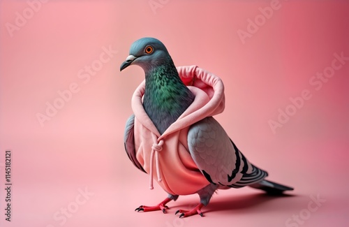 Fashionable pigeon in pink hoodie, hawaiian shirt. Bird model on solid pink background. Studio shot of trendy bird. Cute funny animal. Summer concept. Copy space for text. Humor. Elegance. Trendy photo