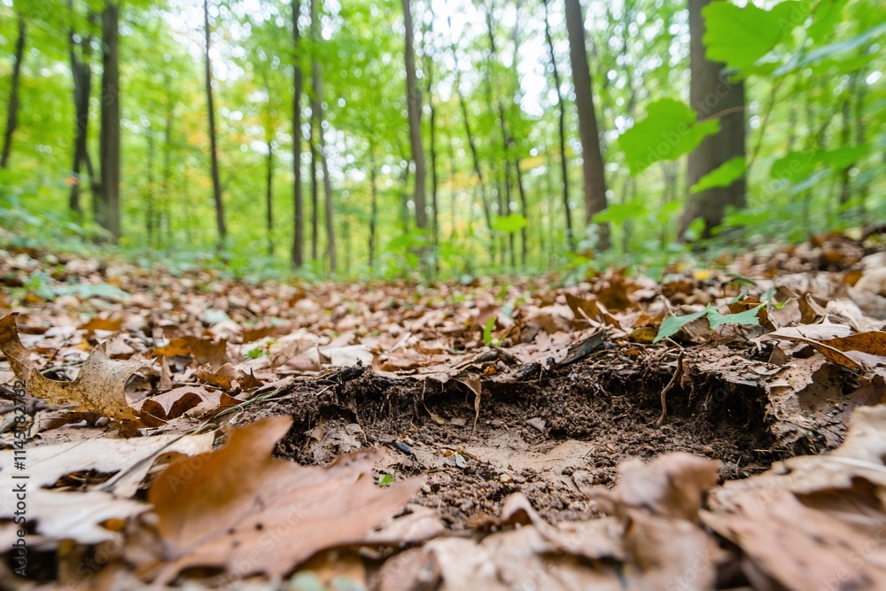 Forest floor with fallen leaves and a dirt patch in a wooded area. Forest floor with fallen leaves and a dirt patch in a wooded area.