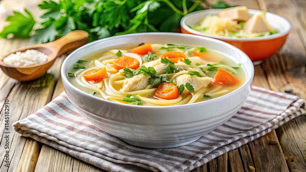 Chicken soup with noodles and vegetables in a white bowl, comfort food, chicken noodle soup Chicken soup with noodles and vegetables in a white bowl, comfort food, chicken noodle soup