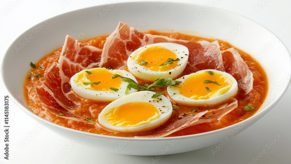 Delicious bowl of soup with soft boiled eggs and ham Delicious bowl of soup with soft boiled eggs and ham