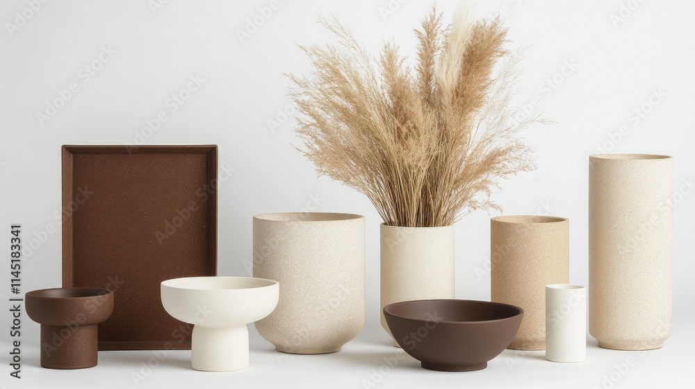 An array of ceramic vases in varying sizes features earthy tones, accented by dried flowers, highlighting minimalist design and texture An array of ceramic vases in varying sizes features earthy tones, accented by dried flowers, highlighting minimalist design and texture