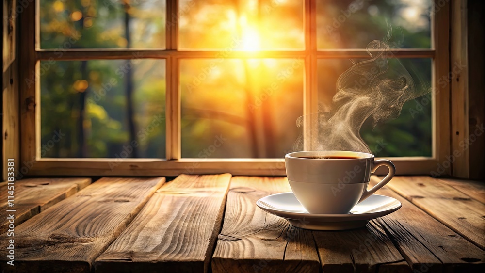 Steaming cup of coffee on a wooden table with warm sunlight pouring through the window, coffee Steaming cup of coffee on a wooden table with warm sunlight pouring through the window, coffee