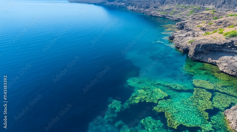 A serene coastal view showcasing clear waters and rocky formations. A serene coastal view showcasing clear waters and rocky formations.