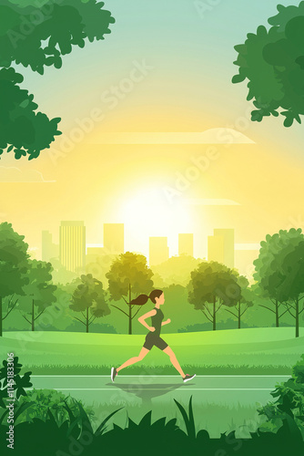 Woman running in city park at sunrise with skyline in background