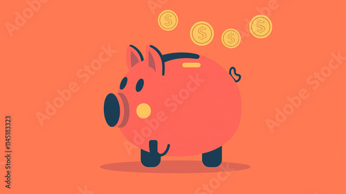 Red piggy bank getting rich saving money on orange background