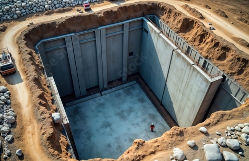 Large construction site shows reinforced concrete foundations for huge building. Construction pit with foundation seen. Workers on site. Materials like concrete, rebar prominent. View from above. photo