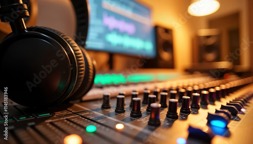 Close-up audio mixer, headphones in recording studio. Pro sound equipment for music production. Modern tech in action. Music production tools. Audio editing tools. Studio environment. Sound control