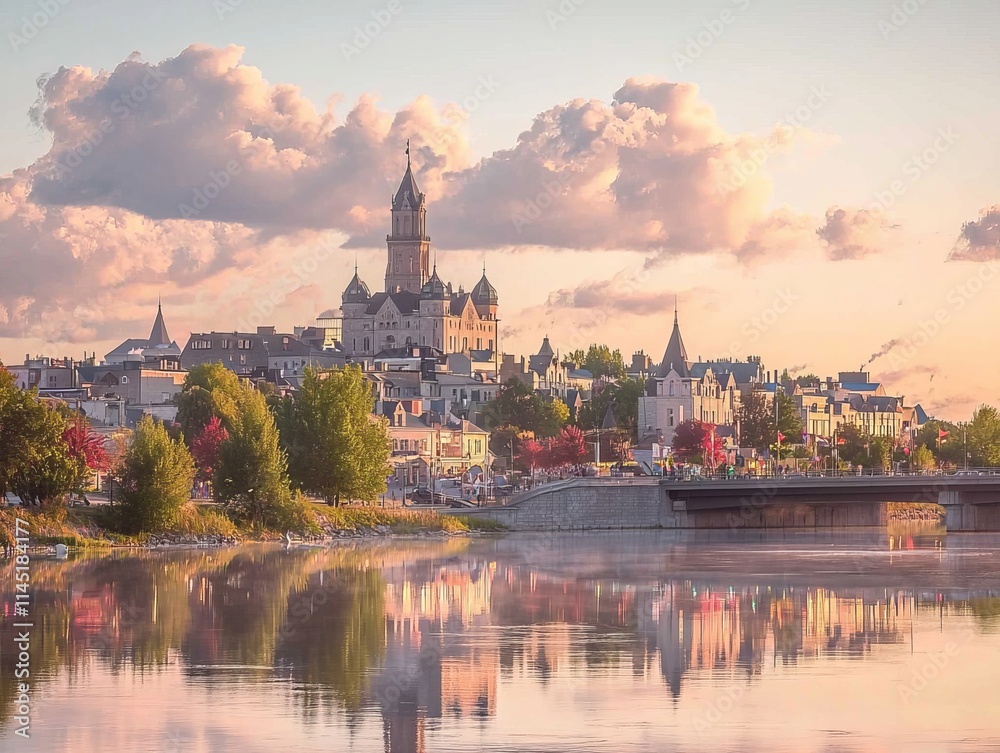 Fototapeta premium Serene landscape featuring a castle and reflection in a river at sunset.