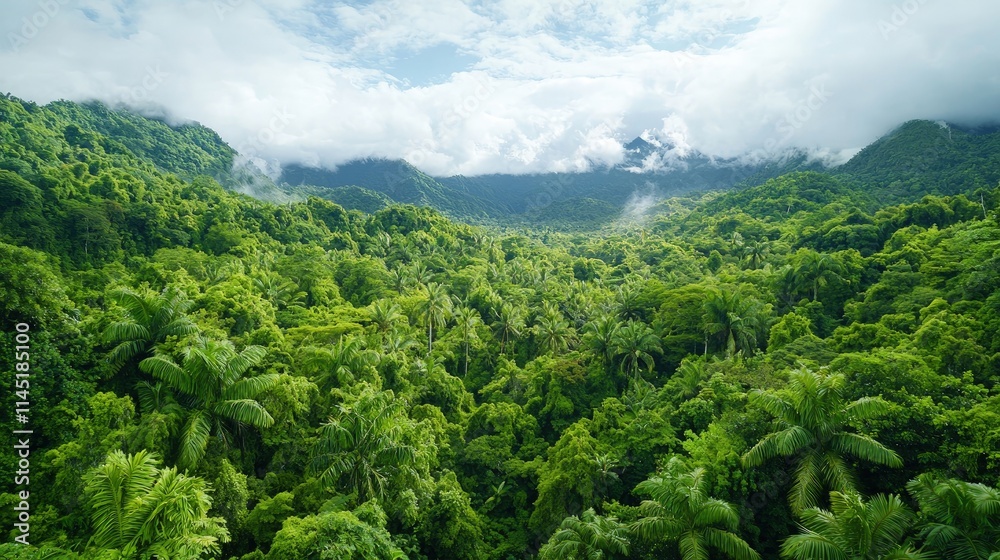 Fototapeta premium Lush green tropical rainforest valley with misty mountains.