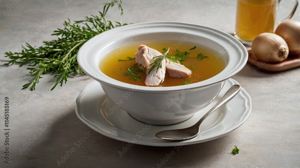 Chicken broth with herbs served in a white bowl Chicken broth with herbs served in a white bowl
