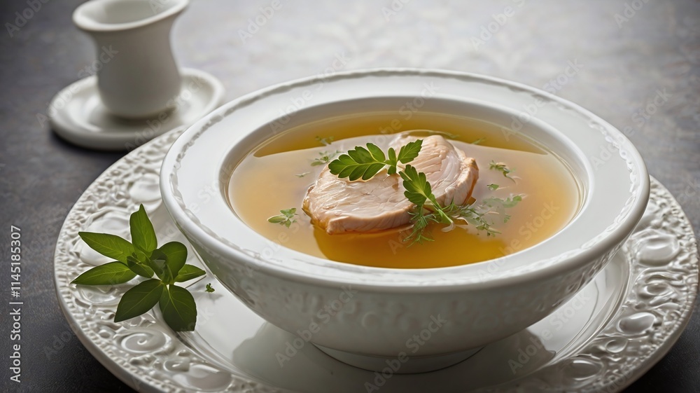 Chicken broth with herbs served in a white bowl Chicken broth with herbs served in a white bowl