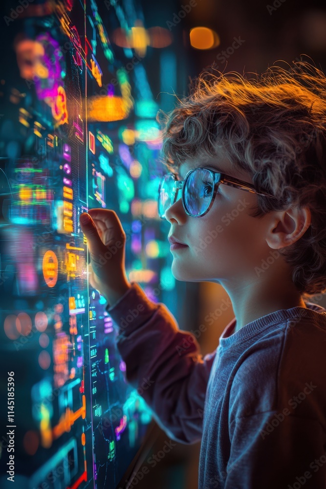 Fototapeta premium Curious child exploring digital interface with vibrant colors in a modern, interactive environment at night. Generative AI