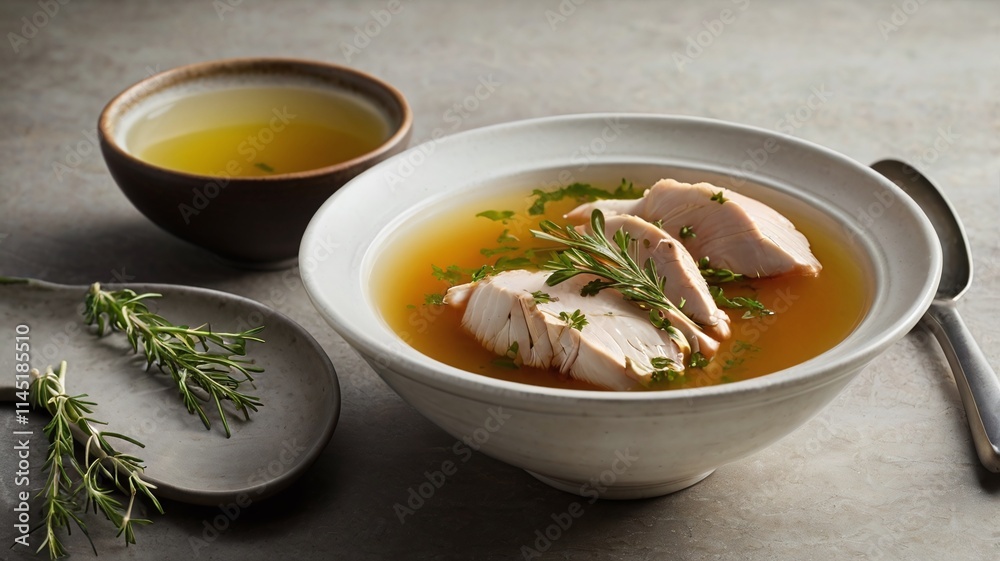 Chicken broth with herbs served in a white bowl Chicken broth with herbs served in a white bowl