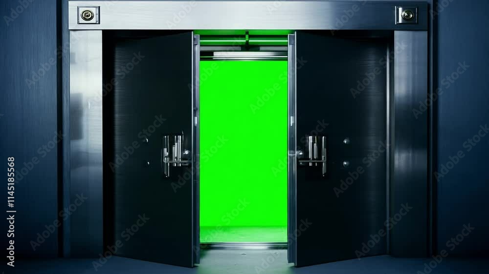 Metal bank vault door opening, revealing a green screen background, perfect for visual effects and compositing