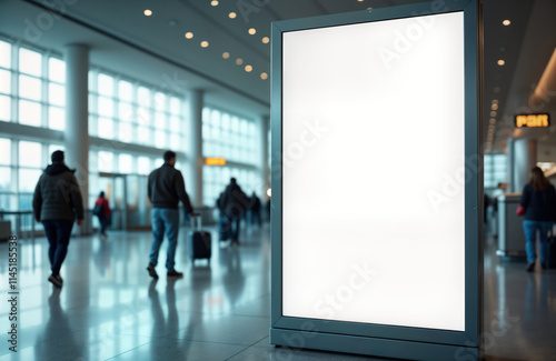 Airport terminal hall shows blank billboard. People walk by with luggage. Modern interior. Empty advertising space. Travel concept. City life. Commercial display. Urban scene.