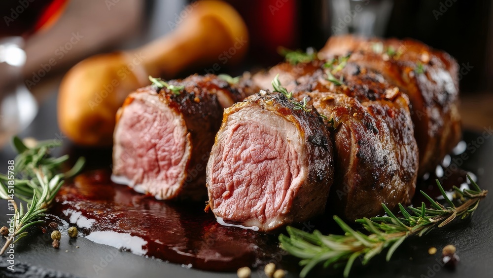 Deliciously cooked beef tenderloin served with fresh herbs Deliciously cooked beef tenderloin served with fresh herbs